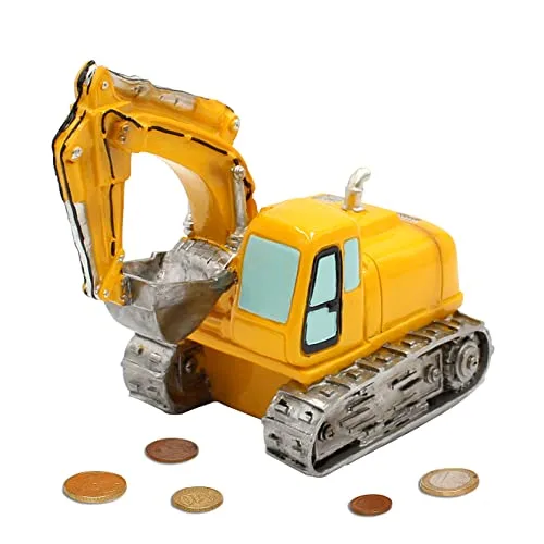 Dekohelden24 Spardose als Bagger aus Poly - Sparauto - Sparbüchse in gelb mit Kunststoffverschluss, Größe L/B/H: ca. 17 x 11 x 16 cm