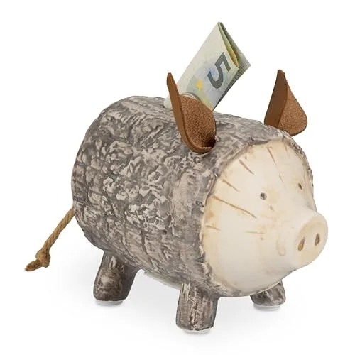 Relaxdays Sparschwein Baumrinde, mit Öffnung, Dolomit, Spardose Kinder & Erwachsene, HxBxT: 13 x 9 x 16,5 cm, braun/weiß