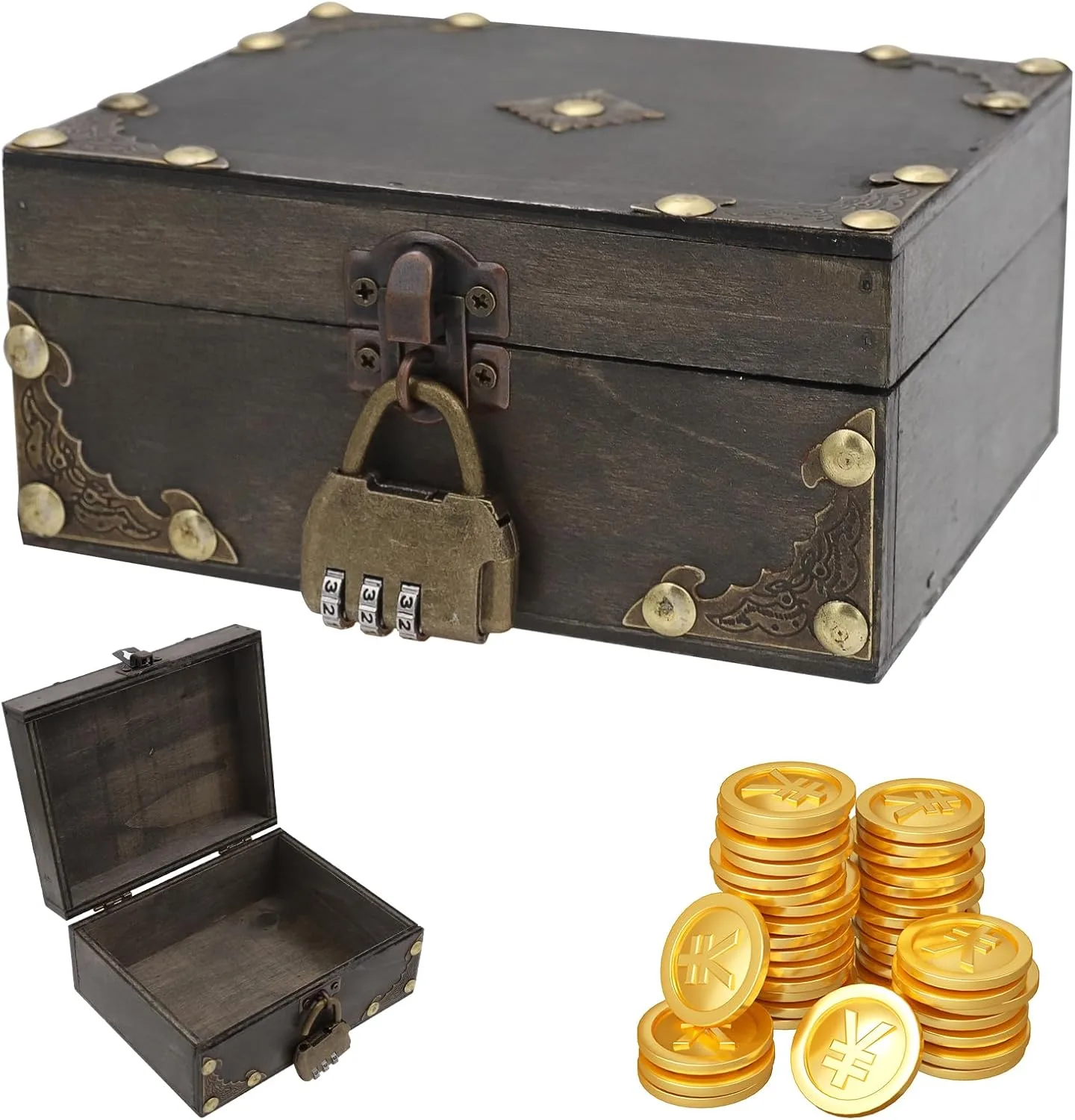 Vintage Mini Coffre Tresor Boite Bois Avec Serrure à Combinaison, Pe Coffre Au Trésor Vintage Pirate, Boite Avec Cadenas, Boîte à Bijoux, Coffre Au Trésor Pour Anniversaire d'Enfant, Tirelire Avec