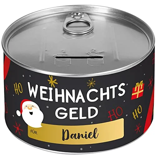Herz & Heim® Spardose für Weihnachtsgeld/Konserve mit Etikett personalisiert Ho ho ho