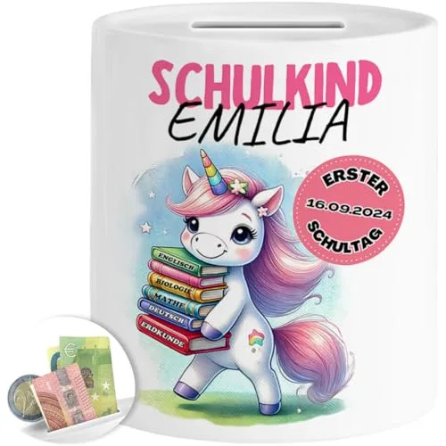 Tassenliebling® Schulkind Spardose personalisiert Mädchen - Geschenk zur Einschulung - Einhorn Spardose Kinder - Schultüte Füllung - Schulanfang Geschenke - Grundschule Vorschule