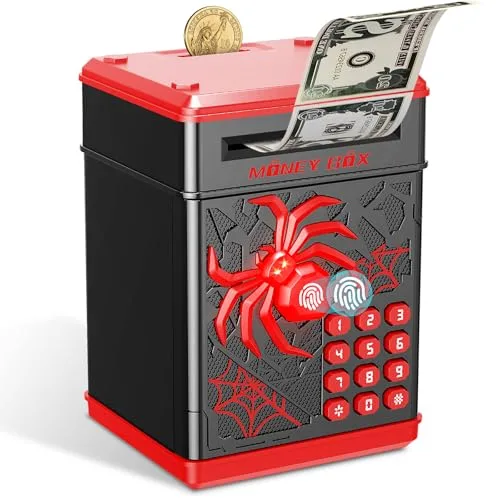 Yellcetoy Spider Tresor Kinder, Spardose Kinder mit Code Elektrische Safe Sparschwein Sparbüchse Geldsafe ATM Piggy Bank, Geburtstag Weihnachts Geschenke für Jungen Mädchen 3 4 5 6 7 8+ Jahre Schwarz