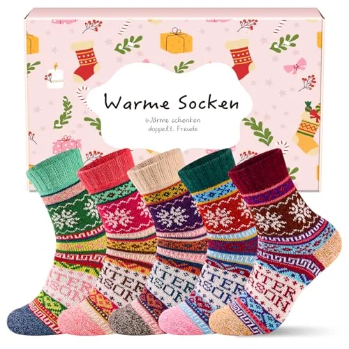 inaWarm ​​Wolle​ Thermosocken Damen，5 Paar Dicke Warme Wollsocken für Winter, Atmungsaktiv，Bunte und Gemütliche Stricksocken, Geschenk für Frauen, Größe 35-42