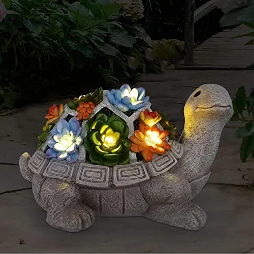 Yeomoo Solar Gartenfiguren Schildkröte Gartendeko für Draußen, mit Sukkulenten und 7 LED Leuchten Home Balkon Dekoration, Figur Kawaii Geschenke für Frauen/Mama Deko für Zimmer Terrasse