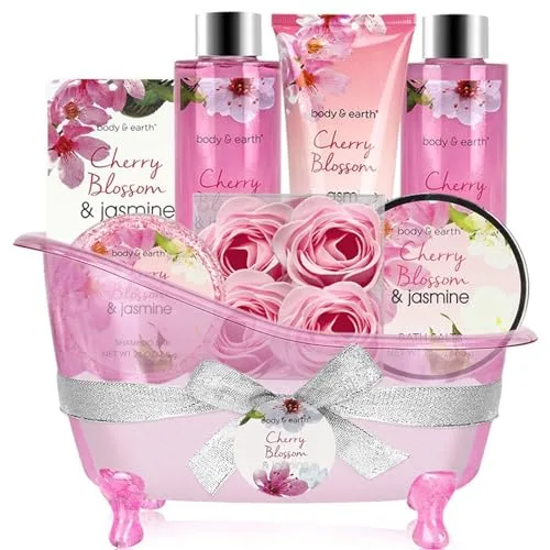 BODY & EARTH Geschenke für Frauen 8 tlg, Kirschblüten und Jasmin Duft, Schaumbad, Duschgel, Badesalz, Bodylotion, SPA Geburtstagsgeschenk für Frauen, Geschenke für Mama, Freundin