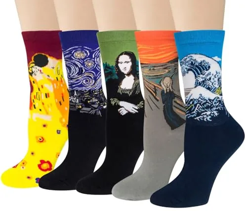 Chalier Cozy 4 Paar Lustige Kunst Socken Damen Baumwolle Bunte Gemusterte Socken Geschenk für Frauen Einheitsgröße Gelb1