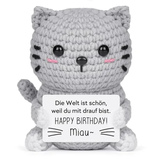 Giftasy Geburtstagsgeschenk für Frauen – Handgehäkelte Katze mit Energiekarte, Geschenk zum Geburtstag für Mama, Freundin, Schwester, Tochter, Beste Freundin, Happy Birthday
