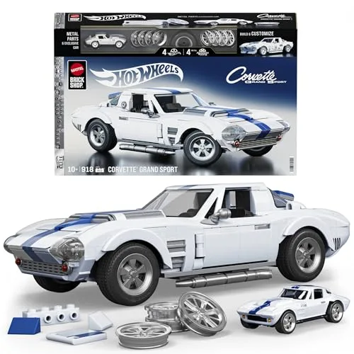 ​Mattel Brick Shop Hot Wheels Elite Serie Bauset, Corvette Grand Sport mit 918 Teilen, realistischen Details und individuellen Aufklebern, für Sammler und Kinder ab 10 Jahren, JGR31
