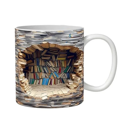 Eteslot Tasse - Bücherregal Becher - Bücherregal Tasse - Bücherwurm Geschenk - Ausgefallene Tassen - Bücherregal Bibliothek Tasse - Keramik Buchliebhaber-Kaffeetasse Mit -Effekt