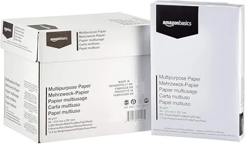 Amazon Basics Druckerpapier, DIN A4, 80 g/m², 2500 Stück, 5 Packungen mit 500, Weiß