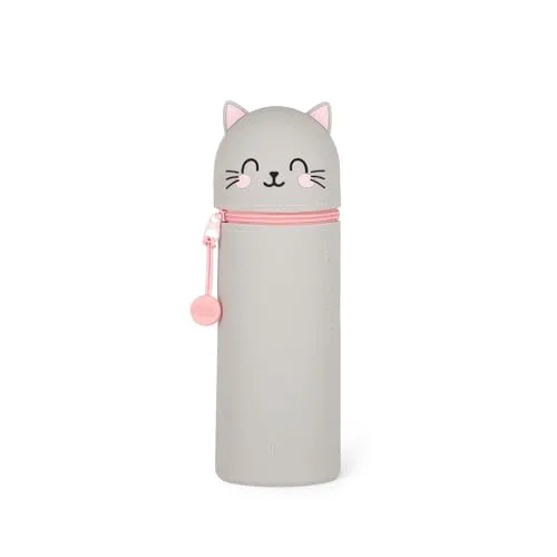 Legami - Kawaii 2-in-1 Schulmäppchen aus weichem Silikon, Kitty-Thema, Stifthalter, Reißverschluss, Buntstifte, Marker, H 18,5 cm