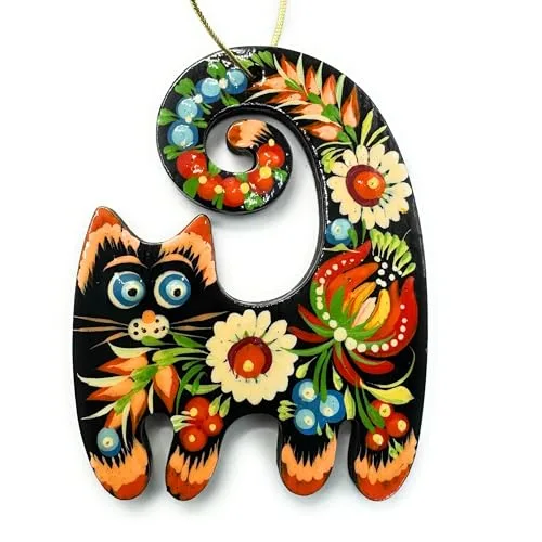 Katze Weihnachtlicher Baumschmuck aus Holz Beidseitig Handbemalt 8.5 х 7 х 0.5 cm Ukrainische Petrykiwka Malerei Kunsthandwerk Besonderer Weihnachtsschmuck Tiere Anhänger