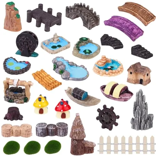 30 Stück Miniatur Garten Gartenzubehör Ornamente Brücke Haus Landschaft Wasser Brunnen Zaun Figuren Teich Pilz Rasen Garten Ornament Feengarten Dekoration für DIY Handwerk Sukkulent Dekor