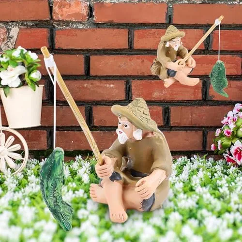 AKONE 2 Stück Miniatur Statue Angeln Alter Mann Figur Angeln Figuren Dekoration Alten Mann Garten Statue für Aquarium Micro Landschaft Bonsai Fee Garten Dekorationen Gartendeko Figuren Feengarten (A)