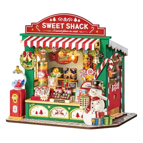 Rolife Miniatur Bausatz Weihnachts Süßigkeitenstand Holzpuppenhaus Weihnachts Puppenhaus mit Möbeln Geburtstag Geschenk für Kinder und Erwachsene Weihnachtsdekoration fürs Zuhause