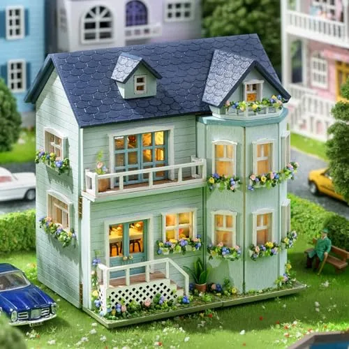 CUTEROOM Miniatur Haus, DIY Puppenhaus Set aus Holz, Mini Hausbau-Set mit Möbeln und LED Licht, Geburtstagsgeschenk für Frauen und Mädchen (Warm Manor)