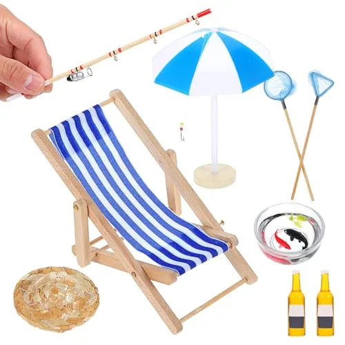 Yuanchu Mini Deko Stranddekorationen, 9 St Fishing Dekoration Miniature Zubehör Strand Deko Miniatur Set Mikrolandschaft Zen Garten Landschaftsbau Puppenhaus Geschenk Miniatur Angeln DIY Accessories