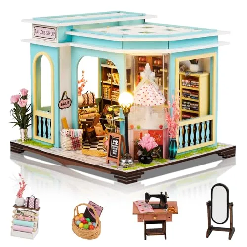Foyucool Miniatur Haus, DIY Puppenhaus Modellbausatz, Holzpuzzle für Erwachsene & Jugendliche, Ideales Geburtstags, Laden des Schneiders