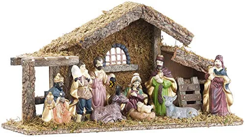 Britesta Krippe: Hochwertige Holz-Weihnachtskrippe, große handbemalte Porzellan-Figuren (Krippe Weihnachten Holz, Weihnachten mit Figuren, Weihnachtsbaum)