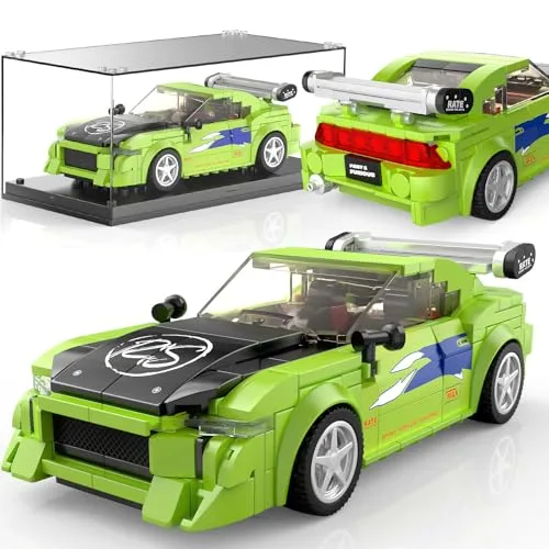 Mould King Speed Champion Auto Baustein mit Acrylvitrine, Fast 2 Furious Technik 27033 Rennwagen Sportwagen Bauspielzeug, sammelbares Modellauto，Klemmbausteine Rennauto Bausätze für Fans (390 Teile).