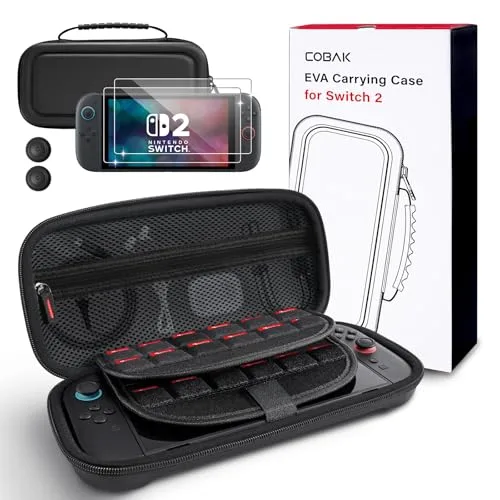 CoBak Tragetasche mit großem Fassungsvermögen für Nintendo Switch 2 (2025) – 3-in-1 Zubehörset mit 2 schutzglas, 2 Daumengriff, und 1 tragbaren Hartschalen-Reiseetui Aufbewahrung, Schwarz