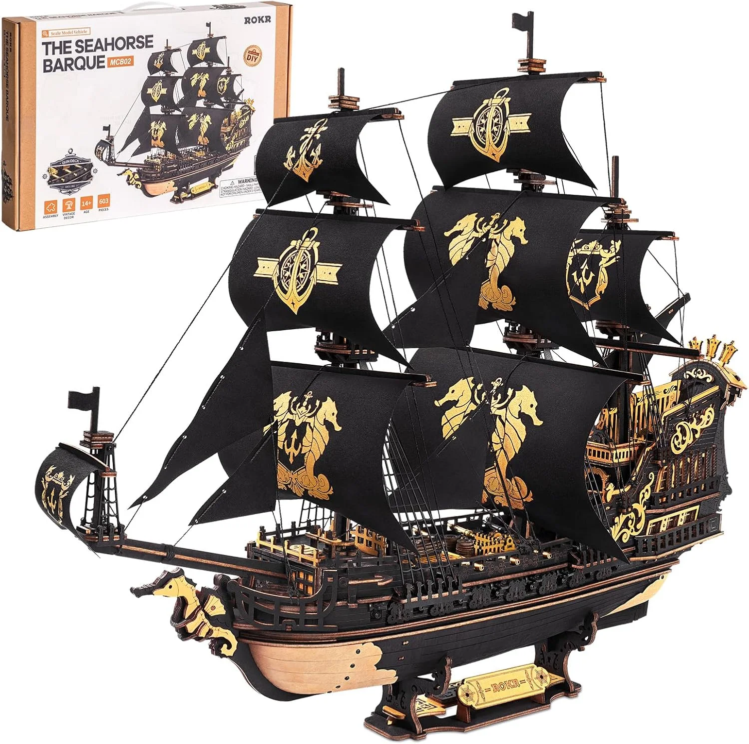 ROKR Seepferdchen Barke MCB02 3D Puzzle Holz Modellbausatz Erwachsene Bauen Schiffsmodell Bausatz Holz Basteln Dekoration Einzigartig Geschenk für Männer