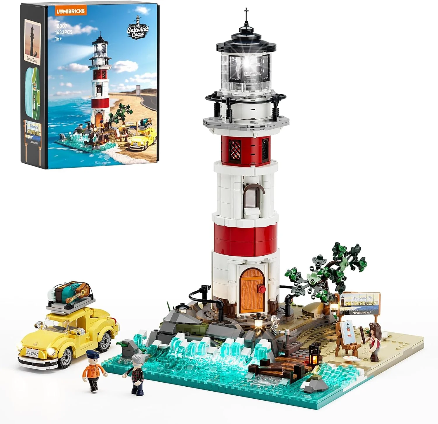Sunrise Leuchtturm Bauset – 1632 Teile Küsten-Leuchtturm mit 360° Chasing-Licht, Vintage Beetle Auto, Modularer Stromanschluss, Ozean-Base, Sammlermodell & Geschenk für Erwachsene
